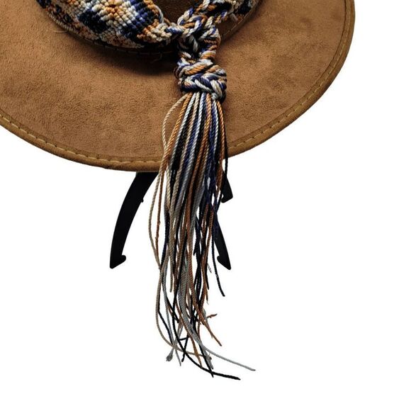 Vintage La Sierra Suede Western Cowboy Hat Camel Brown‎ Aztec Tapestry Band Boho